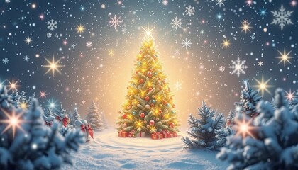 Glowing Christmas Tree Surrounded by Candy Snowflakes in a Magical Snowy Scene Digital Painting. Free Christmas Background. Chrismas Wallpaper. Cool Wallpaper 4k