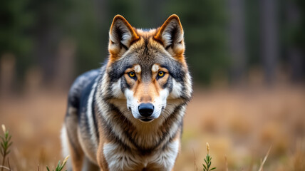 A close-up of a wolf in a natural setting.