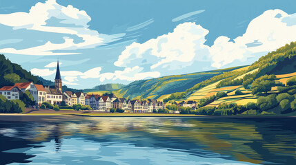 Fototapeta premium Illustration, Cochem at the Moselle river, touristic advertisement poster. Beautiful town in Germany. Must-see touristic spot near Mosel river. Mockup for touristic poster, advertisement. Beautiful tr