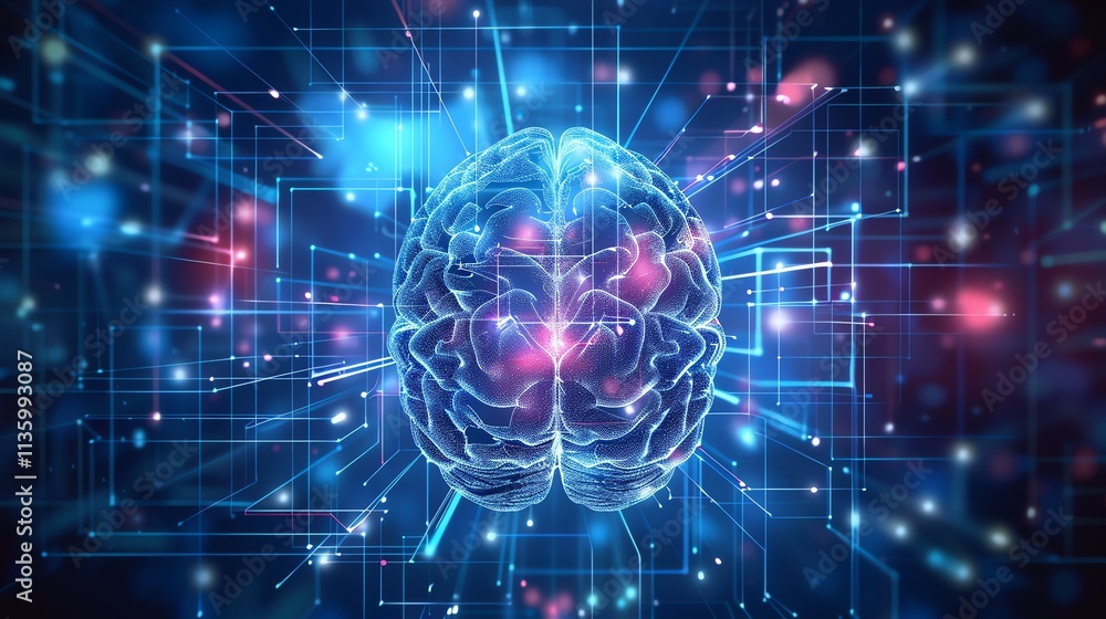 Poster a digital representation of a human brain surrounded by glowing lines and dots, suggesting the conce