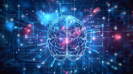 A digital representation of a human brain surrounded by glowing lines and dots, suggesting the concept of artificial intelligence and neural networks.