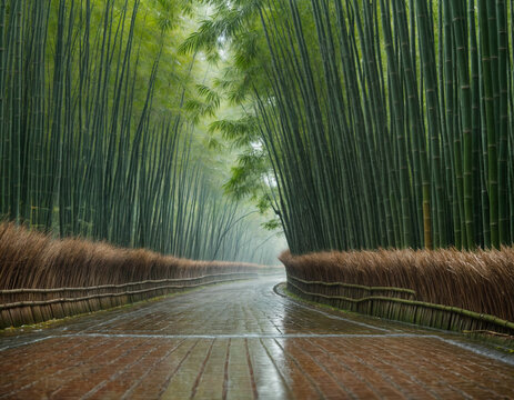 Beautiful green baboo forest on rainy day, romantic and sad vibe