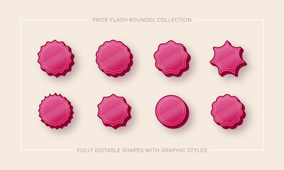 Eight graphic roundel star collection. Editable vector symbol artwork with easily applicable graphic styles. Sales discount messaging flash.