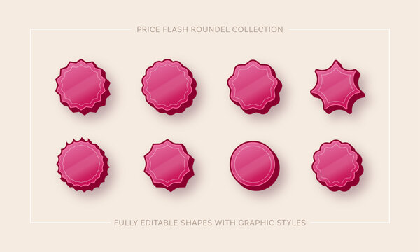 Eight graphic roundel star collection. Editable vector symbol artwork with easily applicable graphic styles. Sales discount messaging flash.