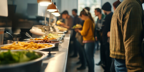 People in line at a community food service counter, showcasing a meal distribution setup aimed at supporting those in need.  
