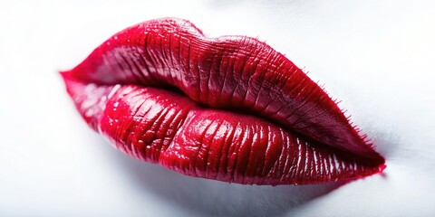 High-resolution image: dramatic red and pink lipstick smudges, isolated against a stark white background. Nighttime beauty, macro close-up.