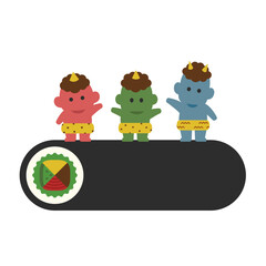 節分デザイン｜赤鬼、青鬼、緑鬼のキャラクターと巻き寿司 ベクター素材 イラスト