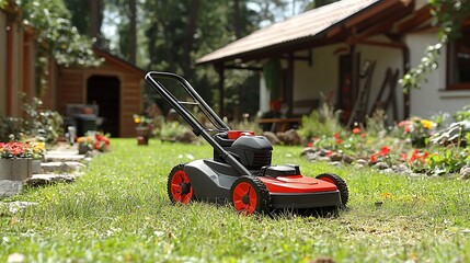 Fototapeta premium A homeowner focused on cleaning up their backyard with a modern electric mower, freshly cut edges framing the untamed sections of grass, a colorful garden bed and small toolshed in the distance,