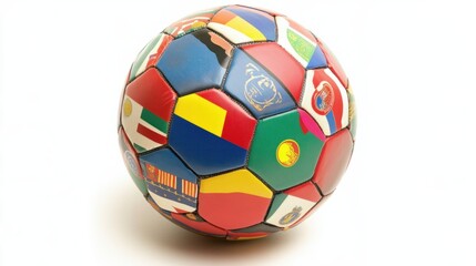 A soccer ball with country flags printed on its panels, symbolizing international unity, isolated on white