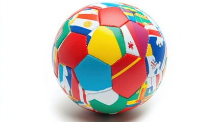 Obraz premium A soccer ball with country flags printed on its panels, symbolizing international unity, isolated on white