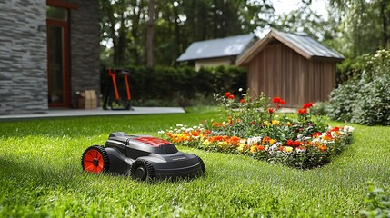 A homeowner focused on cleaning up their backyard with a modern electric mower, freshly cut edges framing the untamed sections of grass, a colorful garden bed and small toolshed in the distance,