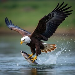 Eagle catching the fish from river