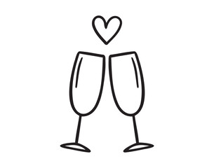 Couple of champagne glasses for New Year, Xmas, or Valentines day, marriage doodle hand drawn icon. Outline drawing two glasses cheers line clipart symbol