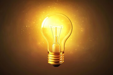 Glowing light bulb on golden background with sparkles.