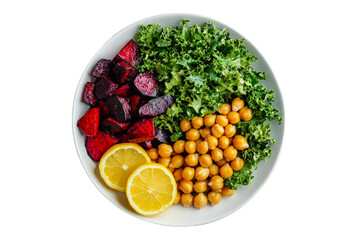 plant-based salad with kale, roasted chickpeas, beets, and a lemon vinaigrette on a minimalist white background