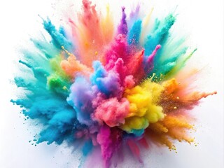 Fototapeta premium Macro photography captures a Holi explosion; pastel powder bursts in a colorful, multicolored splash on white.