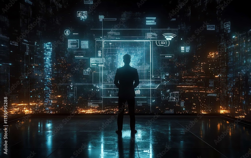 Poster corporate professional using laptop, digital web 30 icons in holographic form, futuristic tech inter
