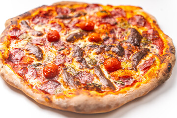 Homemade freshly baked pepperoni pizza on a white background. Close-up, chosen focus.