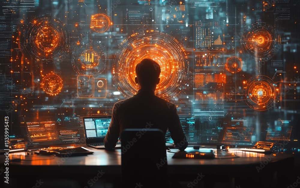 Poster corporate professional using laptop, digital web 30 icons in holographic form, futuristic tech inter