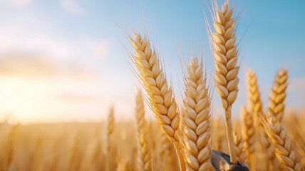 Harvesting organic yields efficiently Concept. Golden wheat field at dawn with harvesting tools nearby