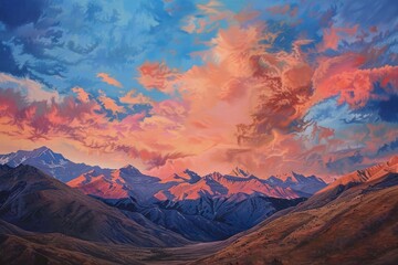 A picturesque mountain range bathed in the warm hues of a dramatic sunset, A dramatic sunset painting the mountains in hues of orange and pink