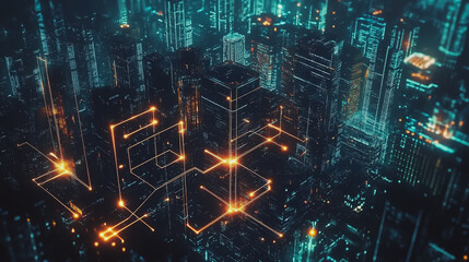 Smart digital Innovation city with connection network reciprocity over the cityscape. of future smart wireless digital city and social media networking systems that connects people with in city