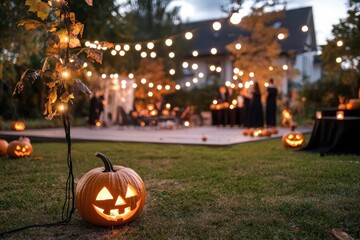 Outdoor halloween party celebration festive gathering glowing jack-o'-lanterns spooky decorations evening atmosphere fun costumes