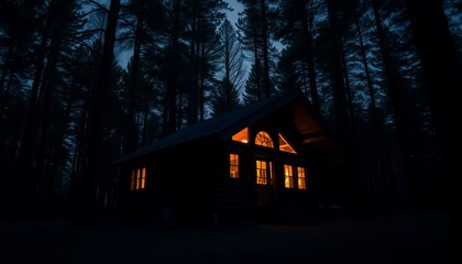 A cozy cabin glows warmly against the dark backdrop of a dense forest at night.  The scene evokes a sense of peace and mystery.