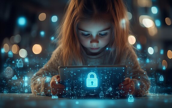 Little child with tablet, watching glowing padlock, safe digital space, secure internet symbols, bright futuristic design, serene atmosphere, highdefinition