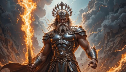 Majestic God King Holds Flaming Sword Amidst Storm Clouds