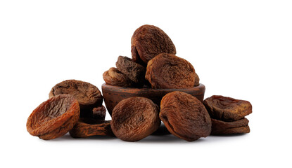 A bunch of mountain dried apricots isolated on a white background. Delicious and healthy dried apricots.