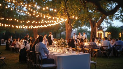 Dancing guests celebrate love at a romantic garden wedding reception under twinkling fairy lights