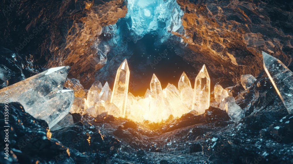 Poster exploring a mystical cave enchanted location crystal display otherworldly environment immersive view