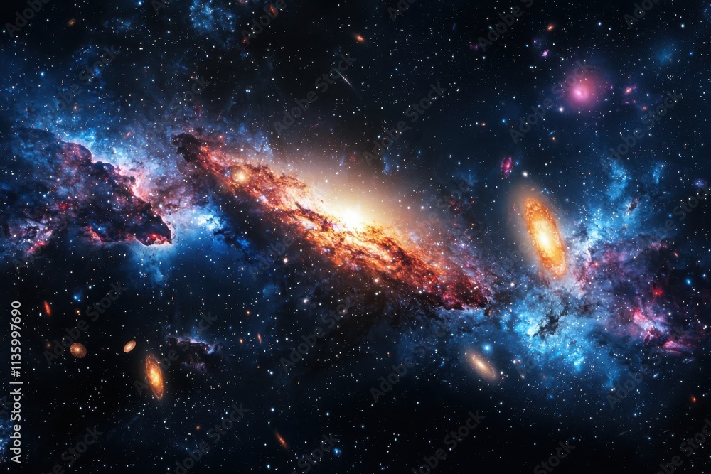 Poster galaxies merging and interacting distant galaxy cluster cosmic panorama outer space wide-angle view 