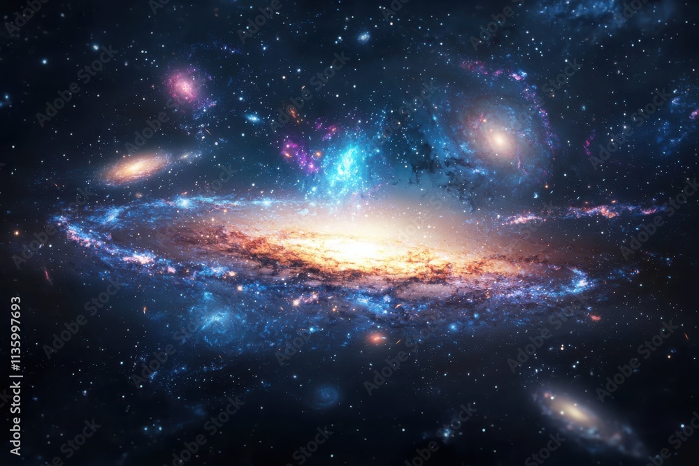 Wall mural galaxies merging in distant cluster cosmic landscape astronomical imagery deep space panoramic view 