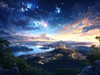 Earth's transition from day to night illuminated cities aerial view starry sky peaceful landscape