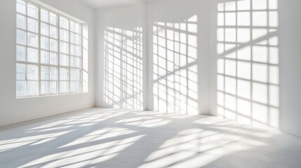Sunlight streams through window in empty room, casting shadows on white walls and floor.