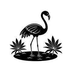 flamingo standing in a pond silhouette, black and white silhouette, vector and illustration