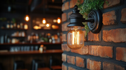 Fototapeta premium Industrial style wall light on brick wall in cozy cafe setting