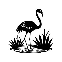 flamingo standing in a pond silhouette, black and white silhouette, vector and illustration