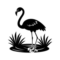 flamingo standing in a pond silhouette, black and white silhouette, vector and illustration