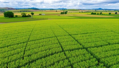a large field of green grass with a small farm in the distance