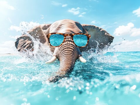 Elephant splashing water in playful sunglasses at the beach ocean scene fun concept