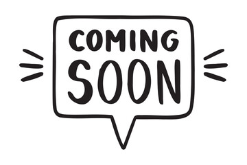 Coming Soon lettering text in speech bubble doodle hand drawn icon set. Outline drawing coming soon line clipart symbol collection