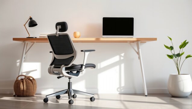 Minimalist Home Office Setup. Modern mesh chair at wooden desk with laptop and natural decor elements, bathed in soft natural light creating a serene workspace atmosphere.