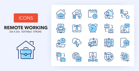 Line icons about remote working and work at home. Contains such icons as network, video meeting, repository and more. 256x256 Pixel Perfect editable in two colors