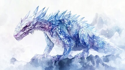 Majestic Ice Dragon Perched Upon Mountain Peaks