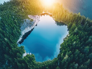 Captivating sunrise reflection of earth on tranquil lake aerial view natural beauty blending with celestial splendor