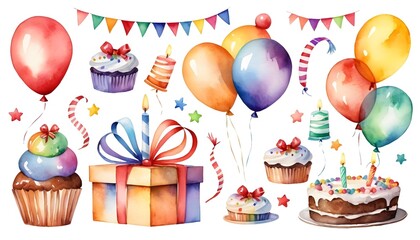 Vibrant watercolor illustration featuring a delightful array of birthday party elements, including a two-tiered cake with candles, colorful balloons, and festive treats