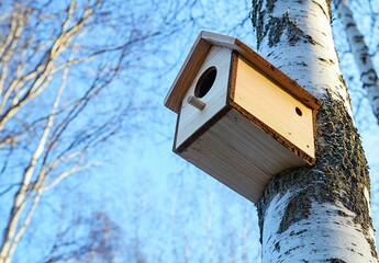 Naklejka premium Wooden Birdhouse on Birch Tree Winter Scene